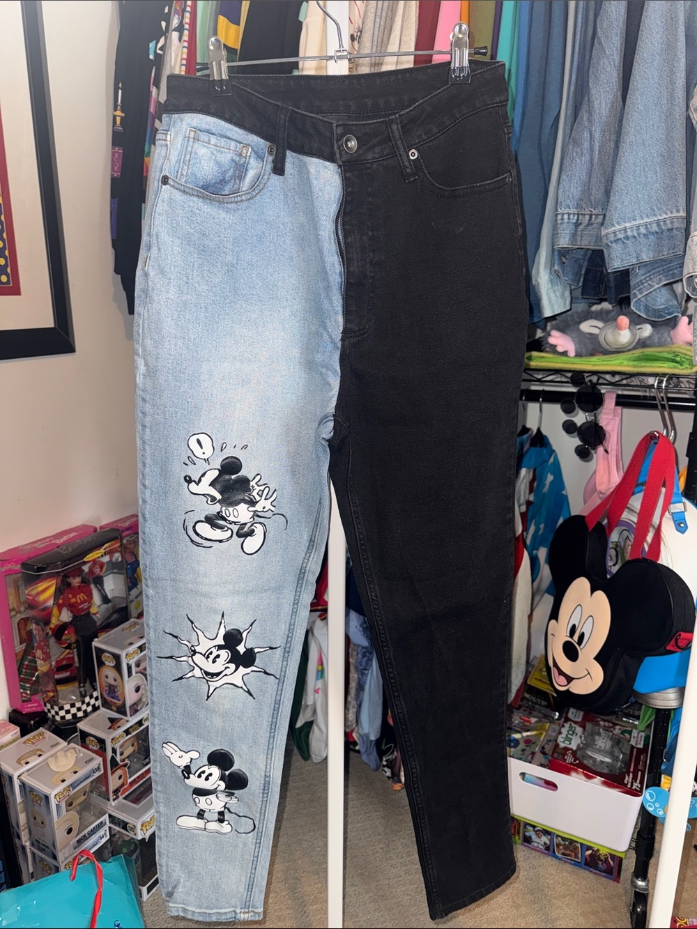 Disney Two-Tone Black & Light Blue Slim Straight Jeans with Mickey Graphics